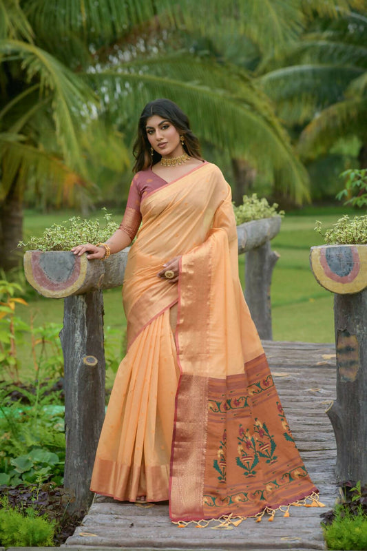 Vishnu Weaves Women's Orange Cotton Silk Zari Woven Saree with Blouse - Swadesiicart