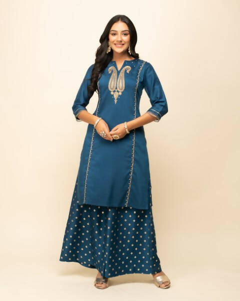FIORRA Women's Teal Blue Silk Blend Straight Kurta Palazzo Set With Dupatta - Swadesiicart