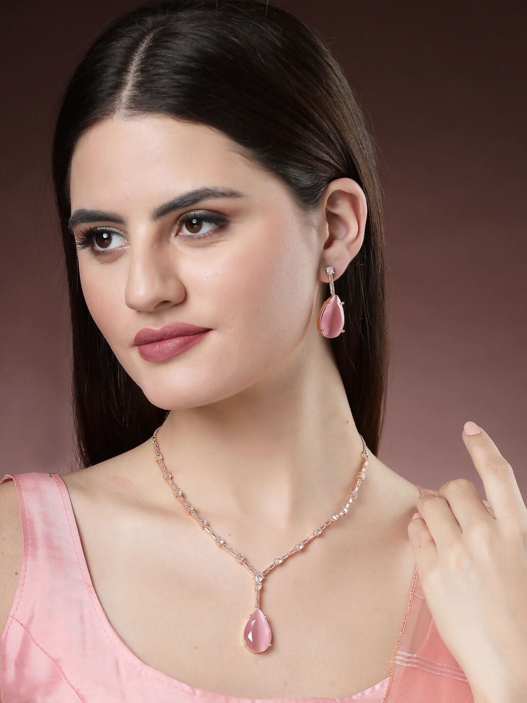 NVR Women's Rose Gold Artificial Stones Studded Handcrafted Jewellery Set - Swadesiicart