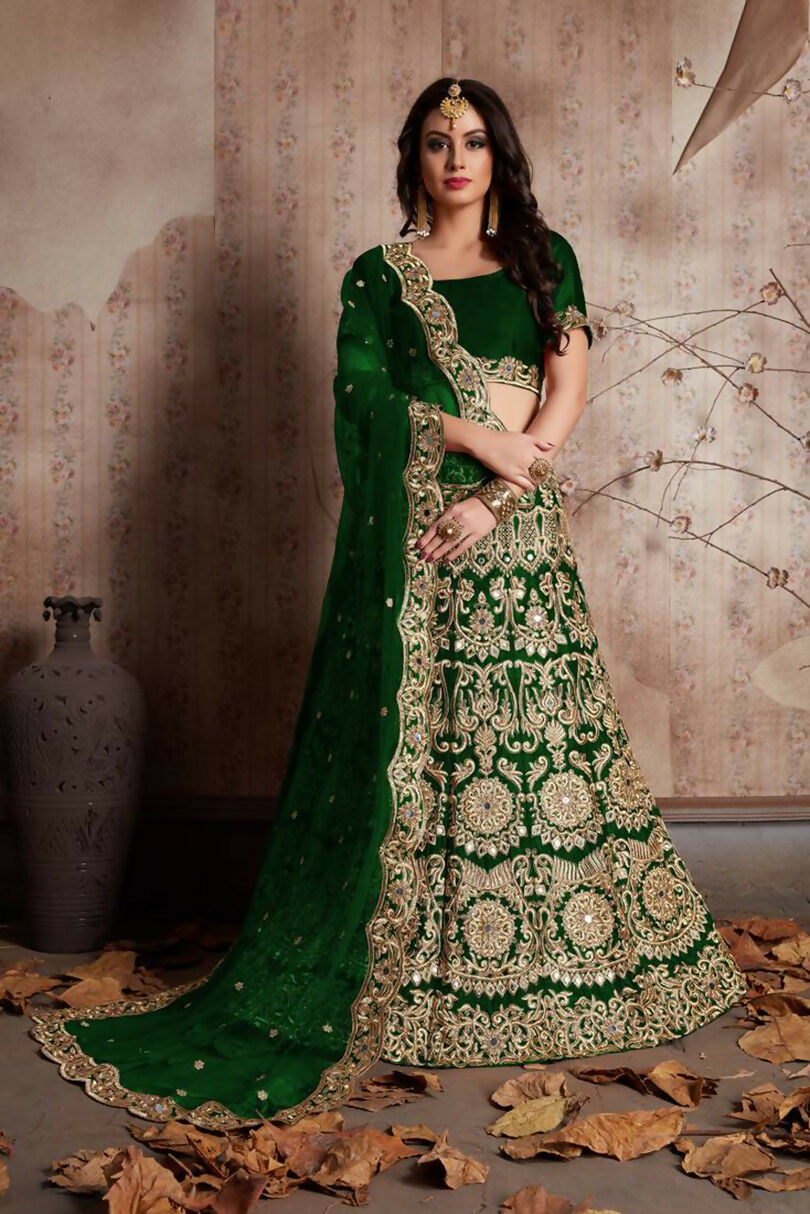 Jyoti Fashion Mesmerizing Green Sequins Embroidered Velvet Lehenga Choli with Dupatta | Swadesiicart