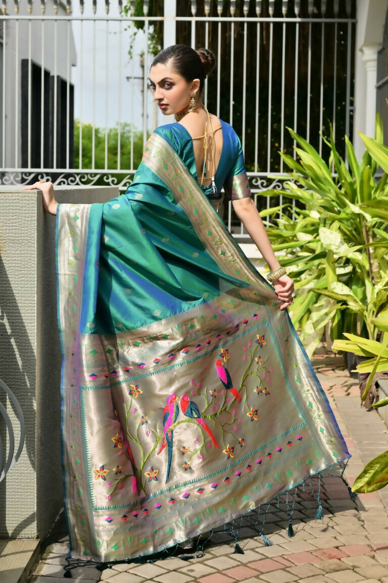 Vishnu Weaves Women's Rama Paithani Silk Zari Woven Saree with Blouse - Swadesiicart