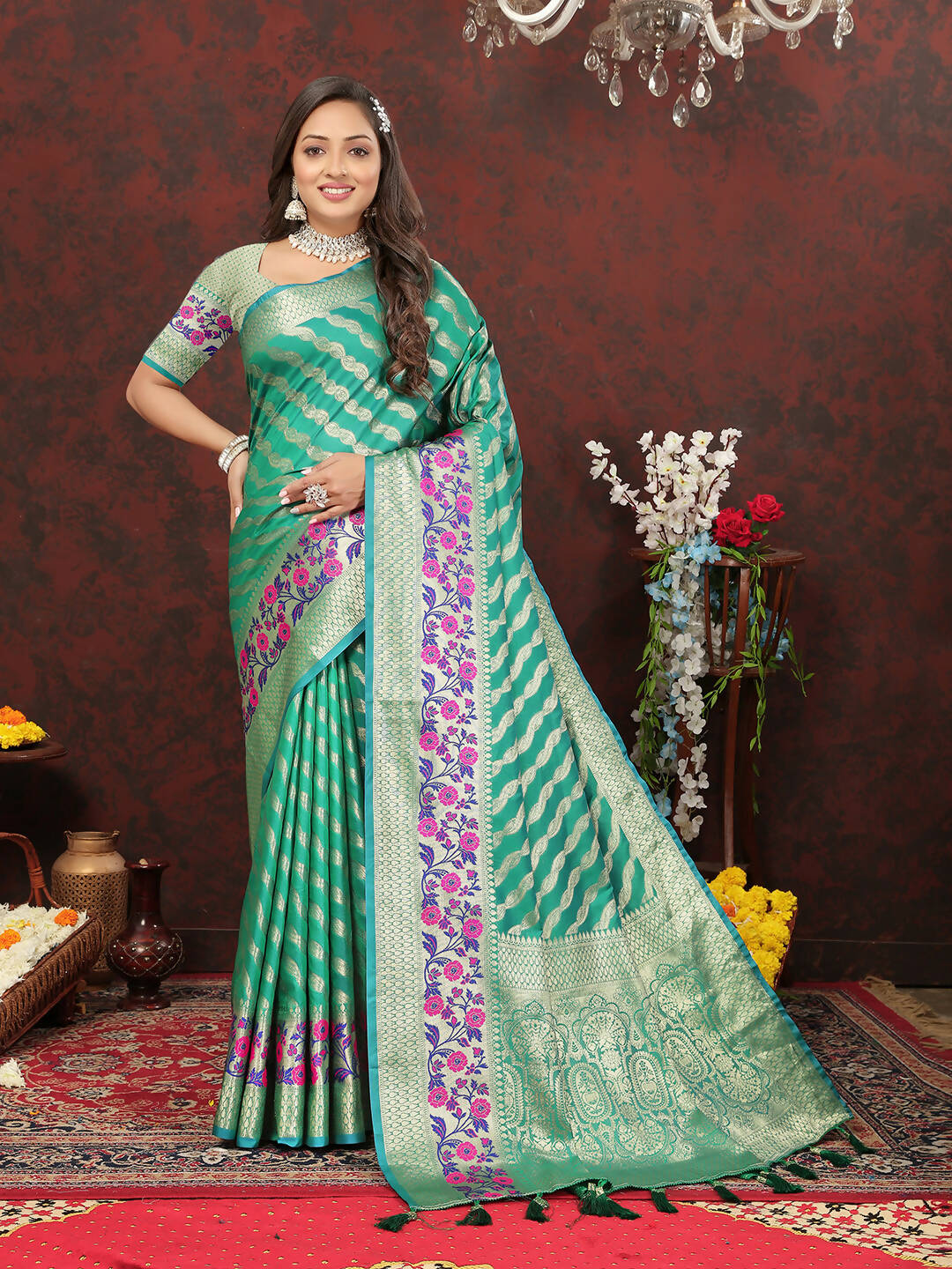 Lorenvalley Fashion Teal Soft Silk Woven Design with Zari Weaving Leheriya Design Saree - Swadesiicart