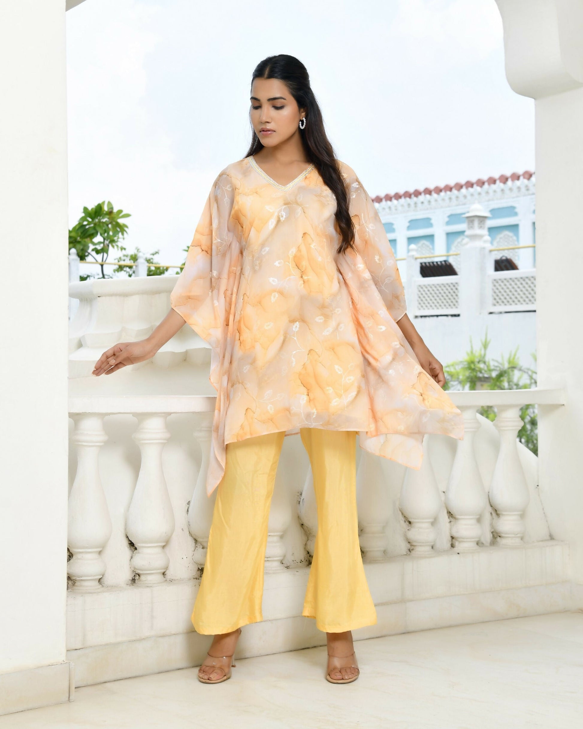 Vaasva Women's Lemon Georgette Marble Print Kaftan Pant Set | Swadesiicart