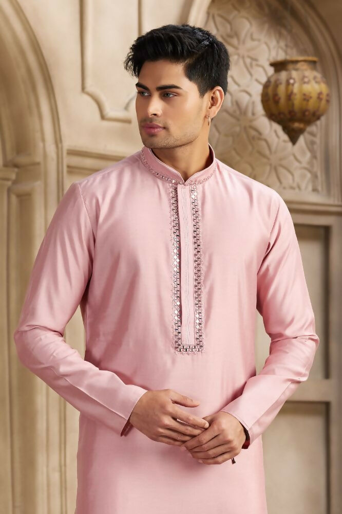 Raivat Ethnic Banarasi Art Silk Mirror Work Kurta Pajama In Dark Pink Colour | Swadesiicart