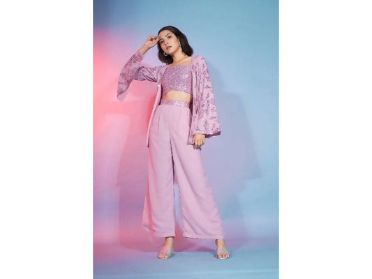 Pink Georgette Sequence With Thread Designer Co-Ord Set - Flory - Swadesiicart
