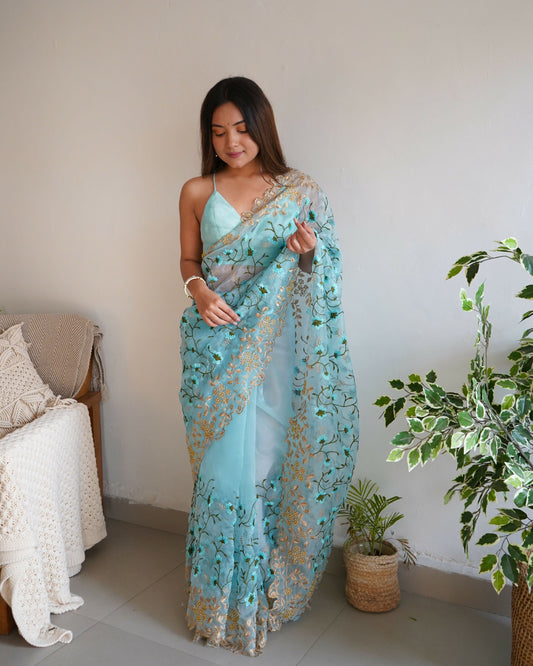 Vamsee Pushpa Sky Organza Saree - Swadesiicart
