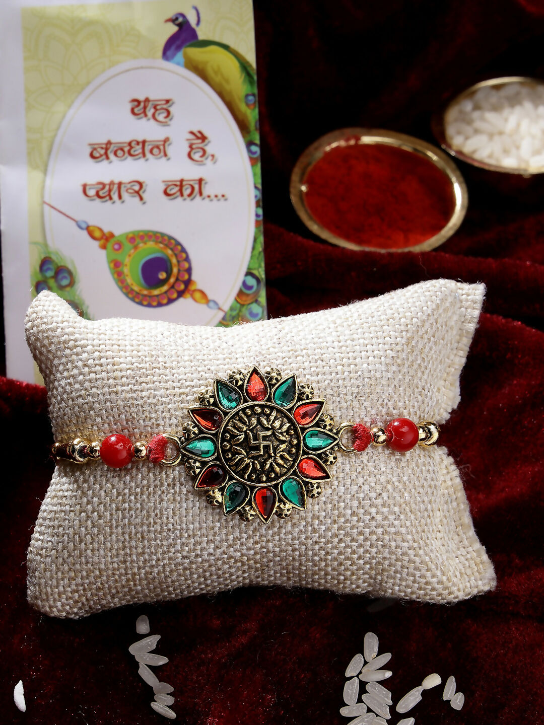 NVR Men Red & Gold-Toned Stone-Studded Rakhi With Roli Chawal | Swadesiicart
