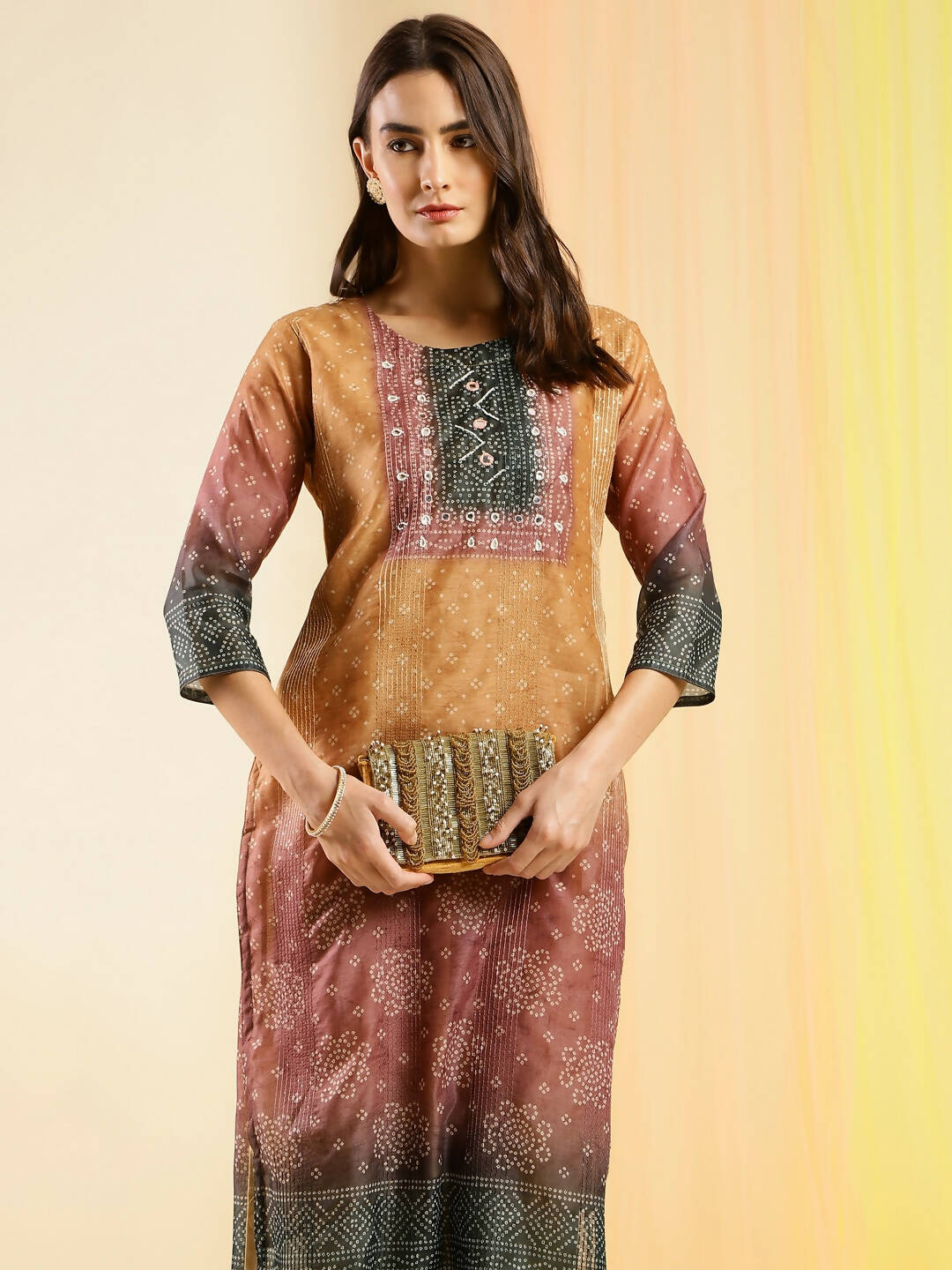 Orange Chinon Digital Printed With Hand Work Kurta - Himanshi - Swadesiicart