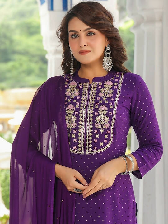 Kalini Floral Embroidered Mandarin Collar Regular Mirror Work Kurta & Trousers & Dupatta