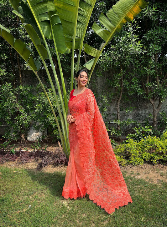 Vamsee Sujal Orange Organza Saree - Swadesiicart