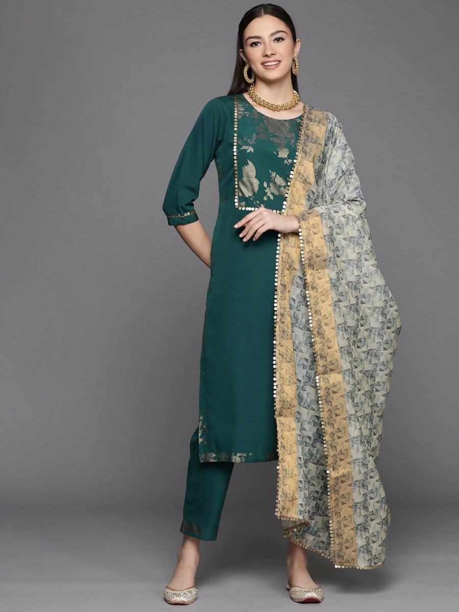Ahalyaa Womens Dark Green Crepe Smoke Printed Kurta Pant Set With Dupatta | Swadesiicart
