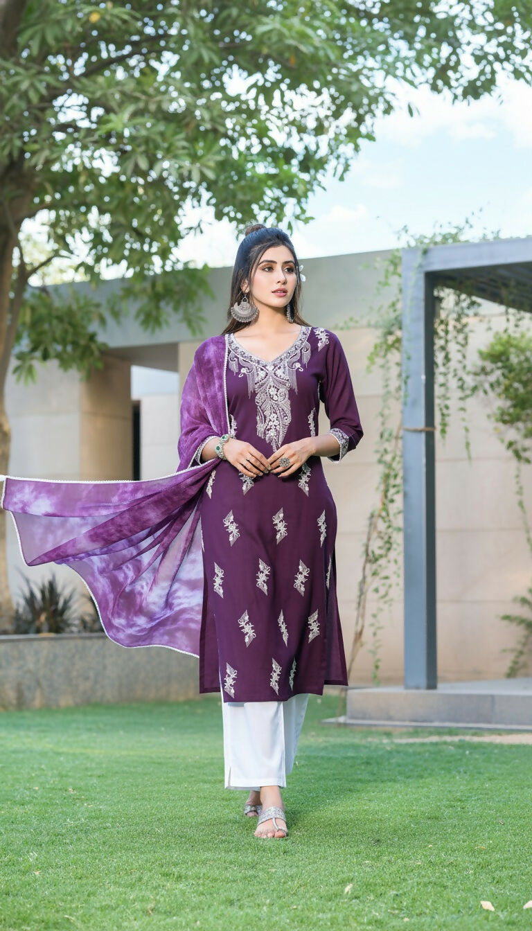 BulBul Pooja Rayon Purple Kurta Set with Dupatta - Swadesiicart