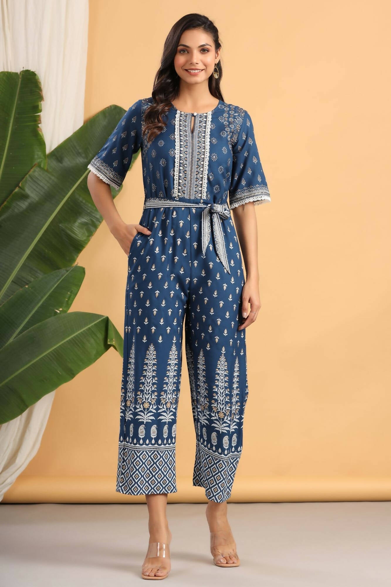Juniper Women Indigo Rayon Printed Straight Jumpsuit - Swadesiicart