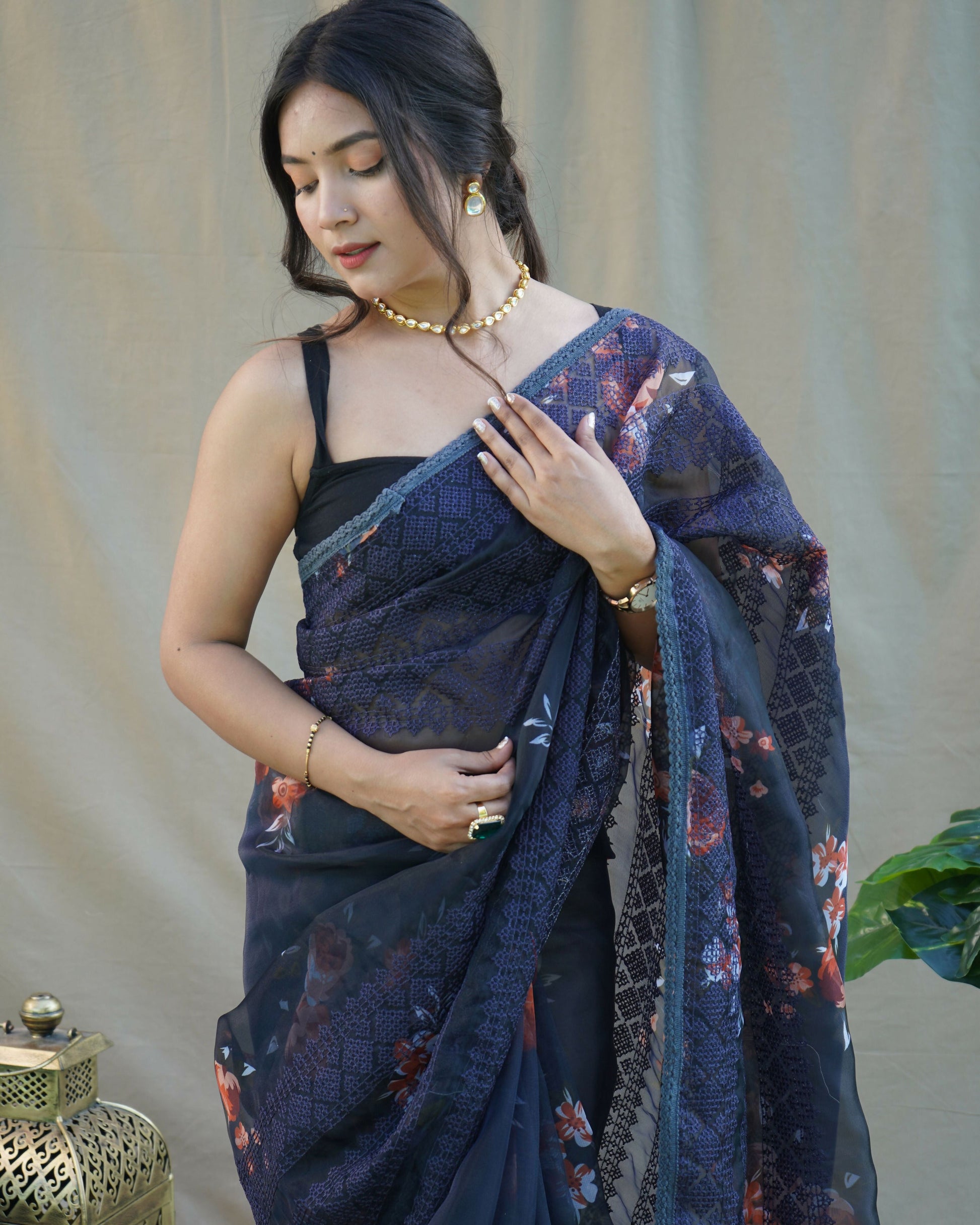 Vamsee Nitya Navy Blue Organza Saree - Swadesiicart