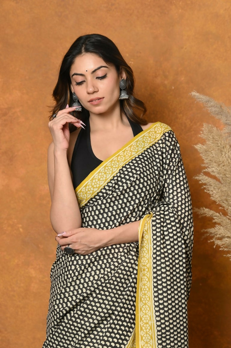 Very Much Indian Handblock Printed Cotton Saree With Natural Dyes - Black & White | Swadesiicart