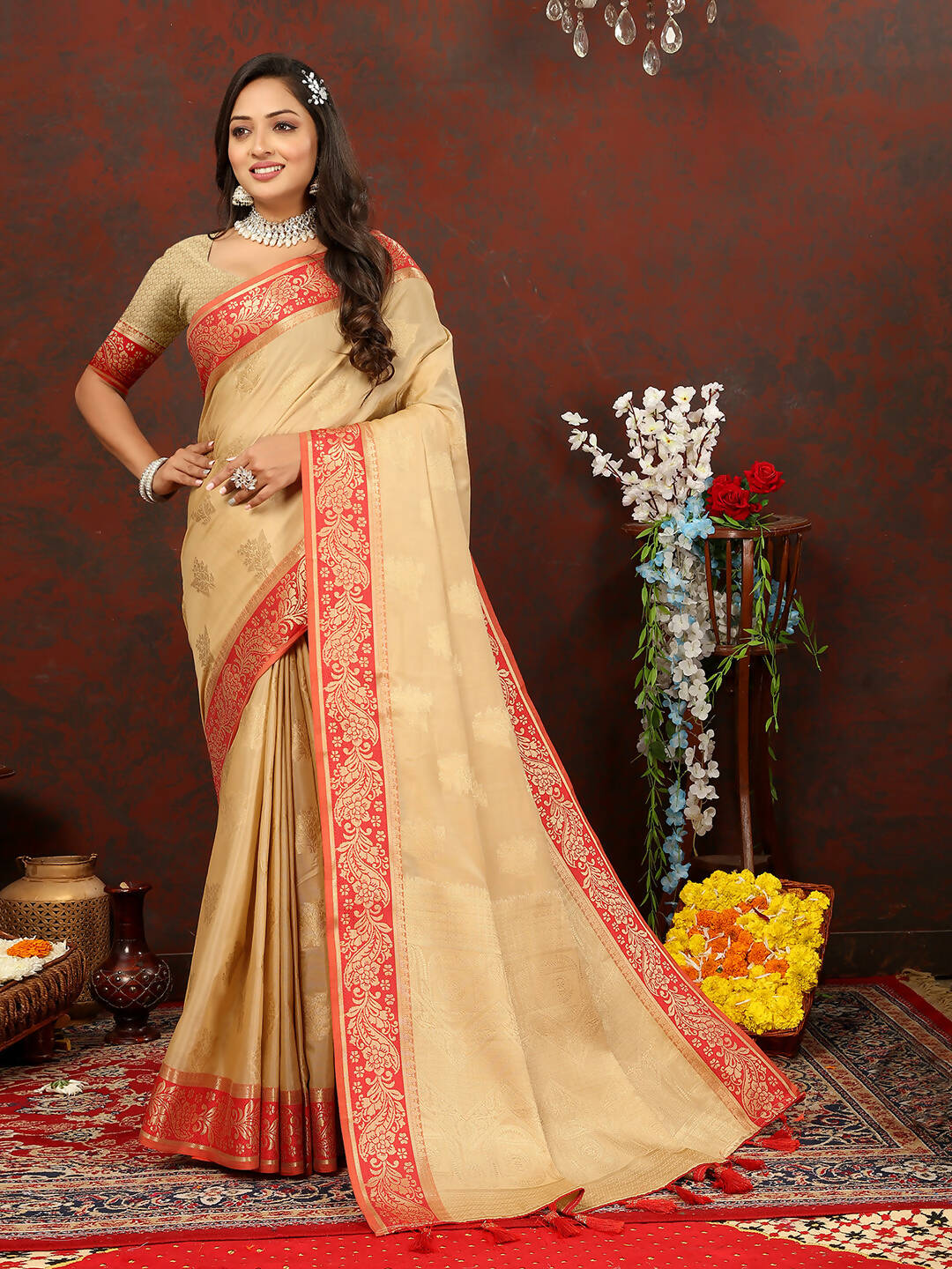 Lorenvalley Fashion Cream Cotton Woven Design with Zari Weaving Design Saree - Swadesiicart