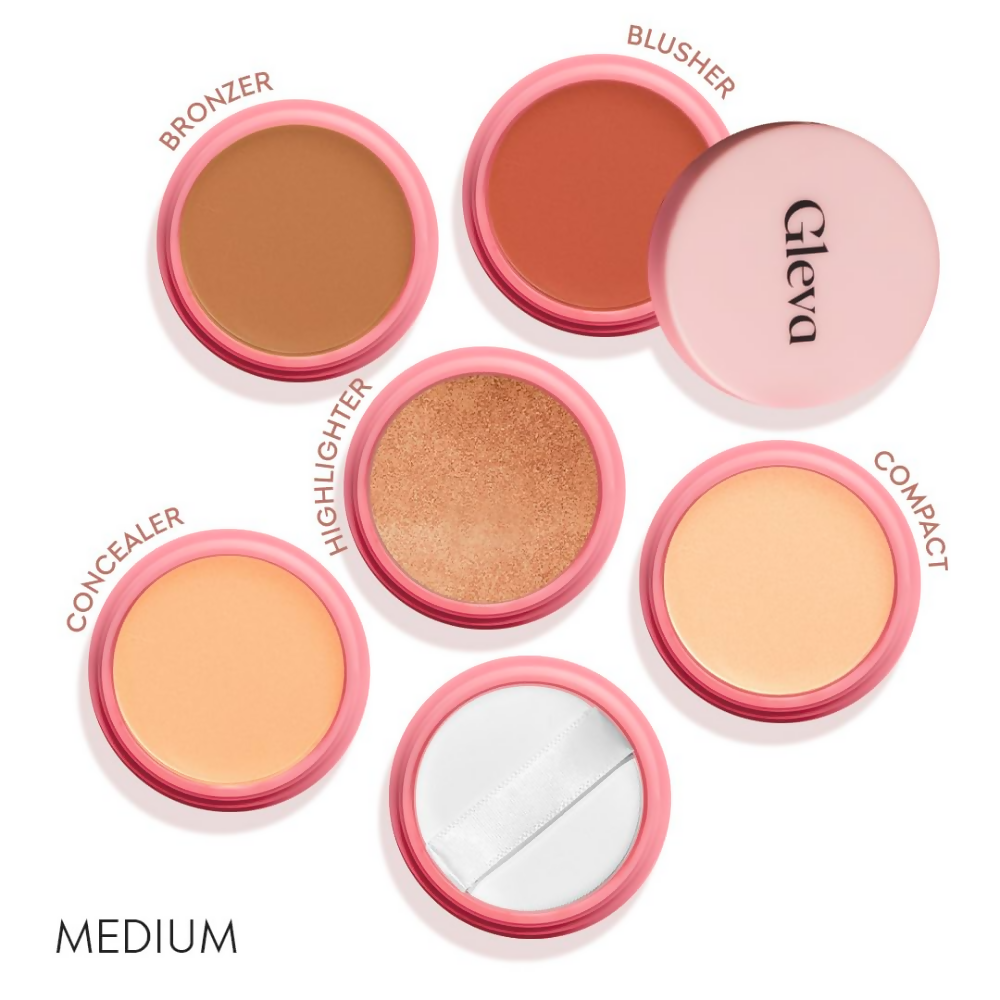 Gleva 5 In 1 Makeup stack Gleva 5 In 1 Makeup stack WIth Concealer, Bronzer, Blusher, Compact & Highlighter Smooth & Blendable Formula - Medium - Swadesiicart