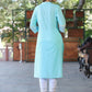 Juniper Women's Seagreen Cotton Slub Embroidered Straight Kurta | Swadesiicart