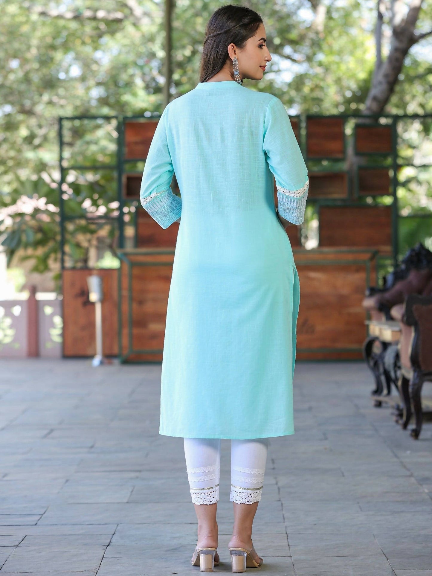Juniper Women's Seagreen Cotton Slub Embroidered Straight Kurta | Swadesiicart
