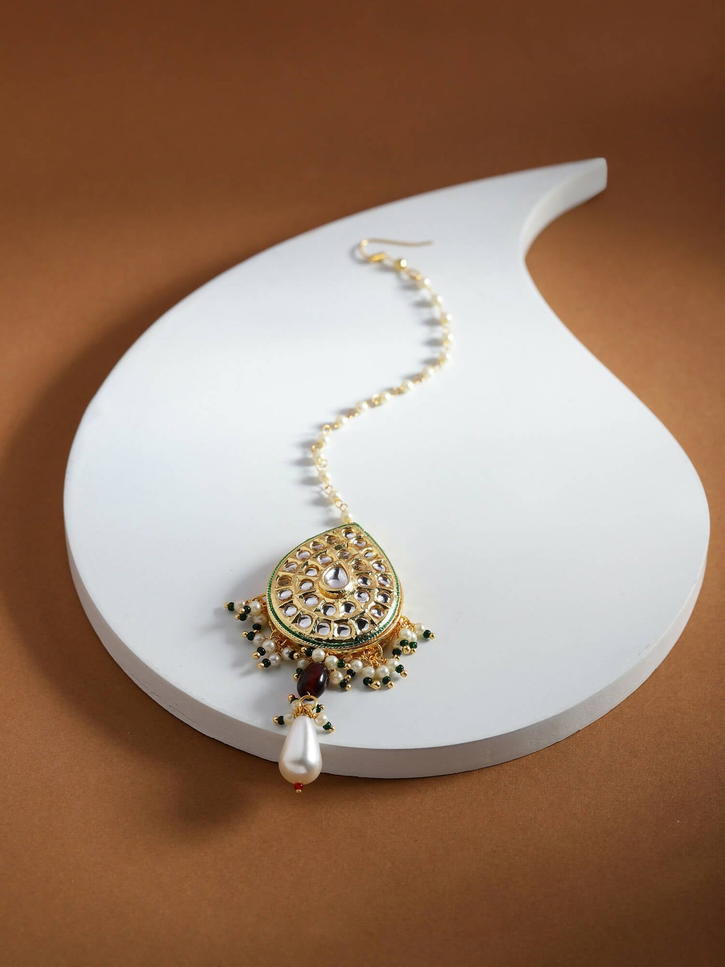 Gold-Polished White Green Kundan-Studded Pearl Beaded Maang Tikka - Ruby Raang | Swadesiicart