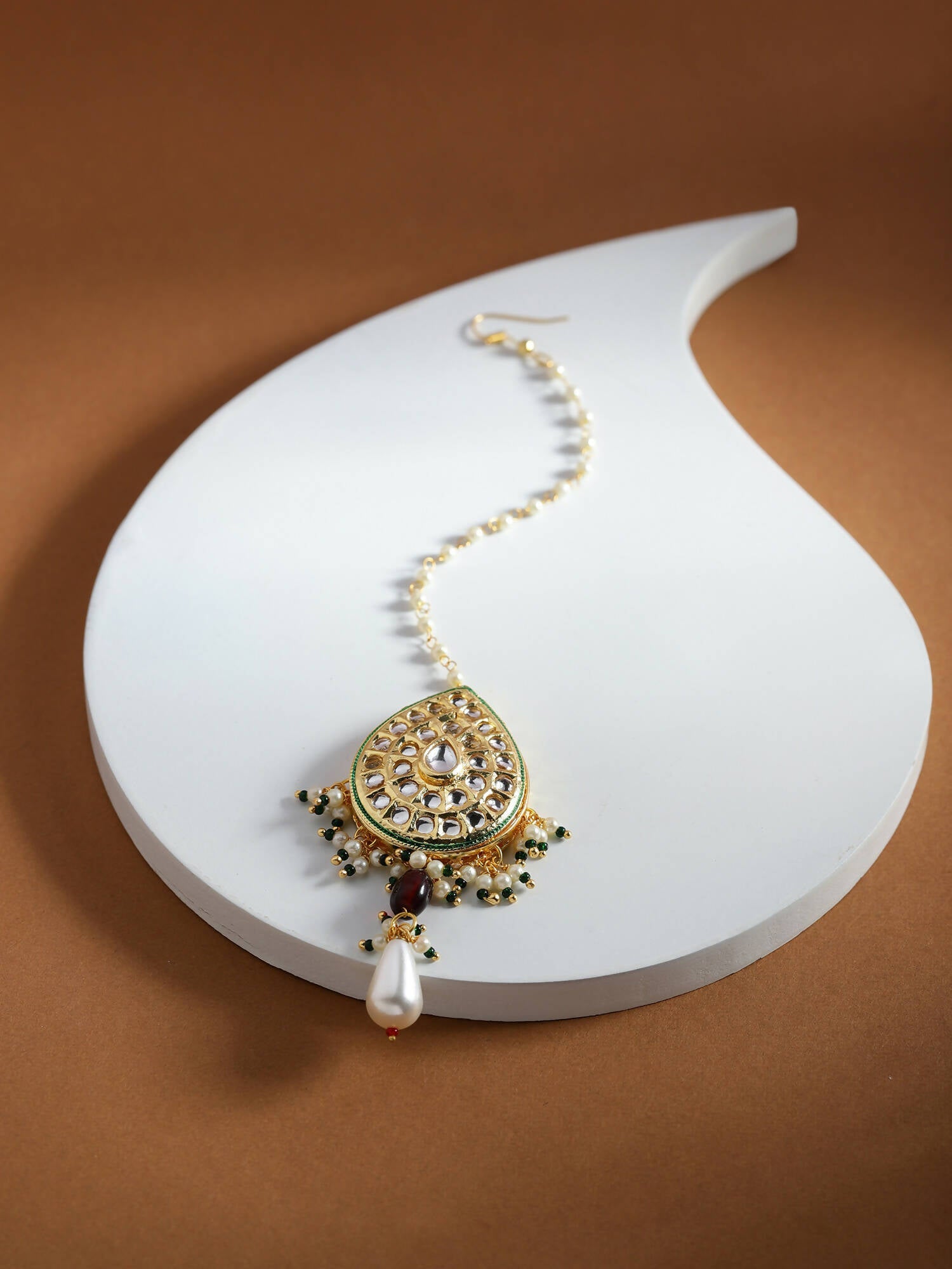 Gold-Polished White Green Kundan-Studded Pearl Beaded Maang Tikka - Ruby Raang | Swadesiicart