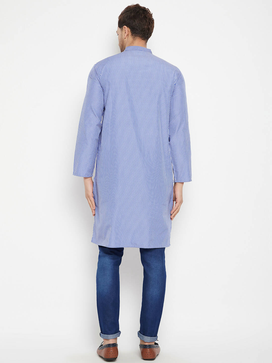 Even Apparels Blue Color Pure Cotton Long Men's Kurta With Band Collar | Swadesiicart