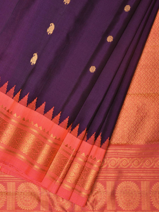 Purple and Peach Gadwal Silk Handloom Saree with Mango Pallu and Border Design - Global Threads | Swadesiicart