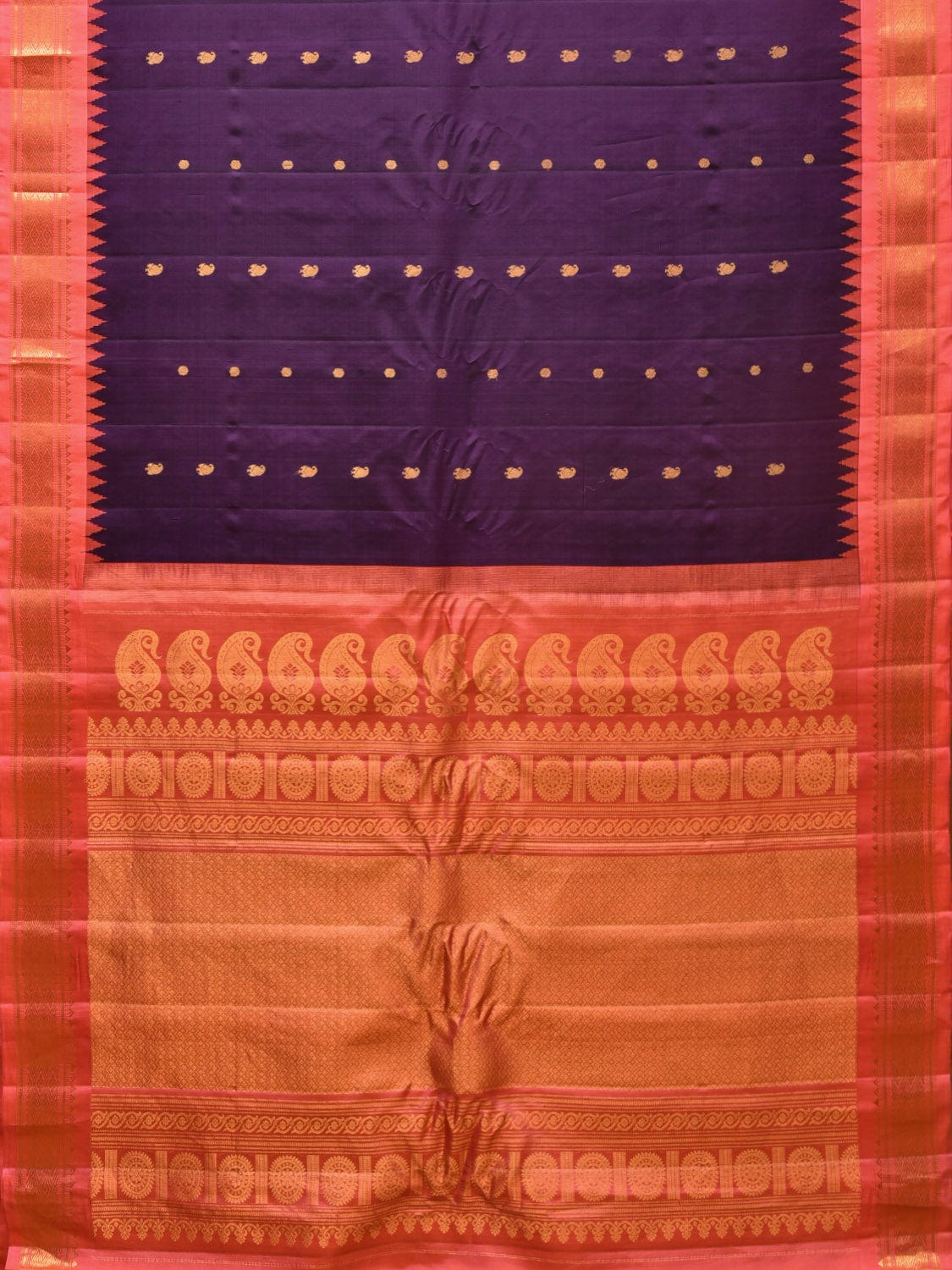 Purple and Peach Gadwal Silk Handloom Saree with Mango Pallu and Border Design - Global Threads | Swadesiicart