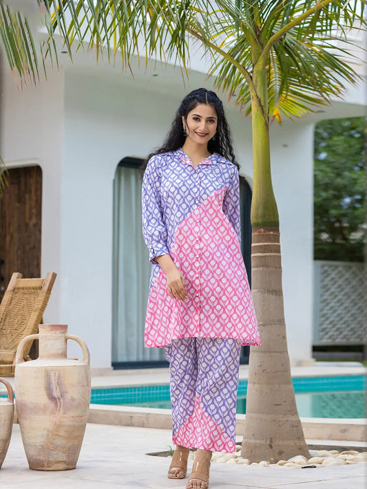 Yufta Purple & Pink Colour blocking Co Ord Set - Swadesiicart