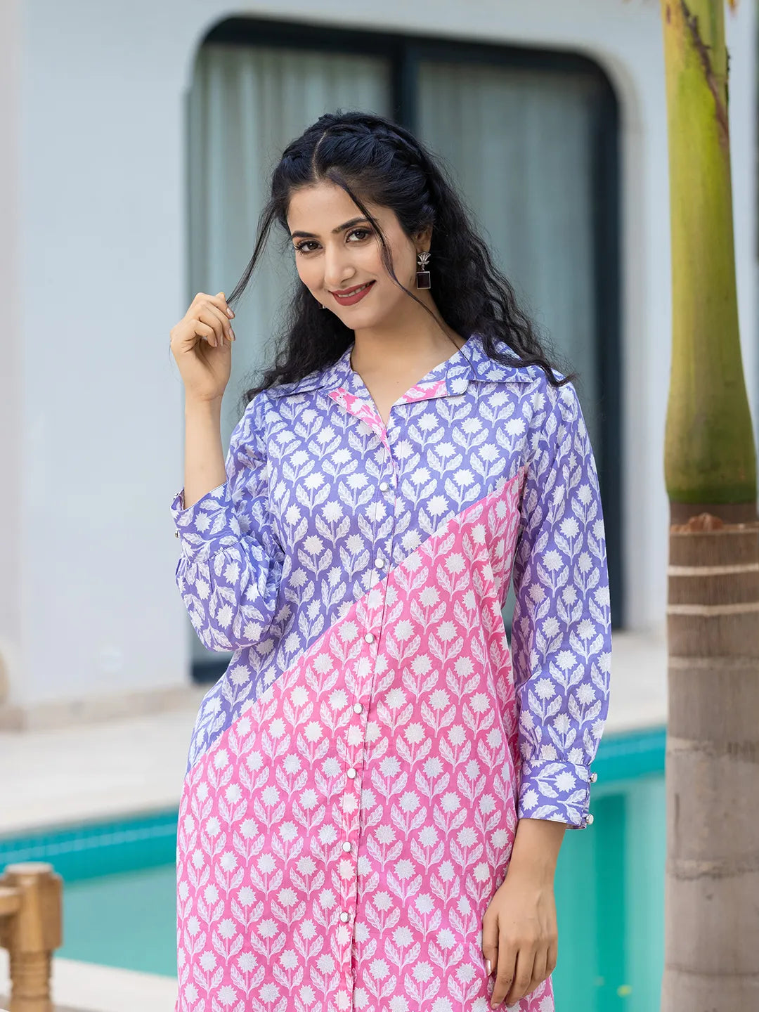 Yufta Purple & Pink Colour blocking Co Ord Set - Swadesiicart