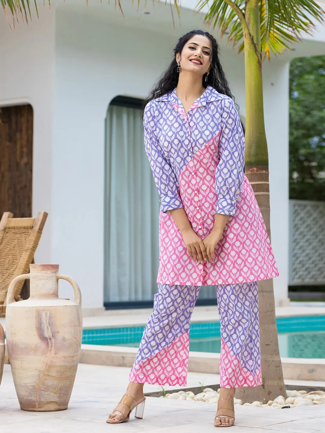 Yufta Purple & Pink Colour blocking Co Ord Set - Swadesiicart