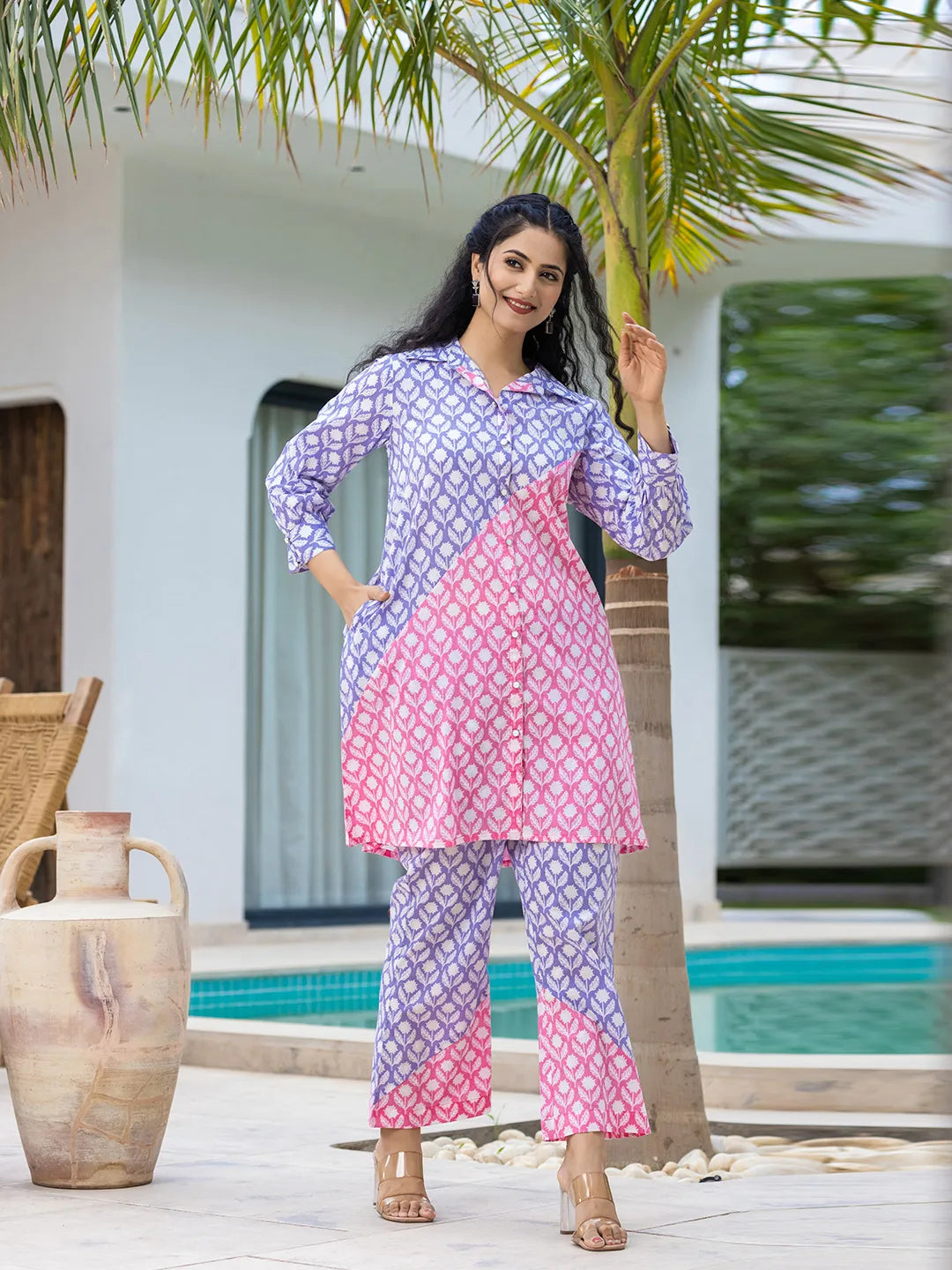 Yufta Purple & Pink Colour blocking Co Ord Set - Swadesiicart