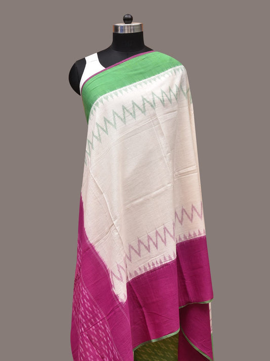 Purple and White Pochamaplly Ikat Cotton Handloom Dupatta with Temple Border Design - Global Threads | Swadesiicart