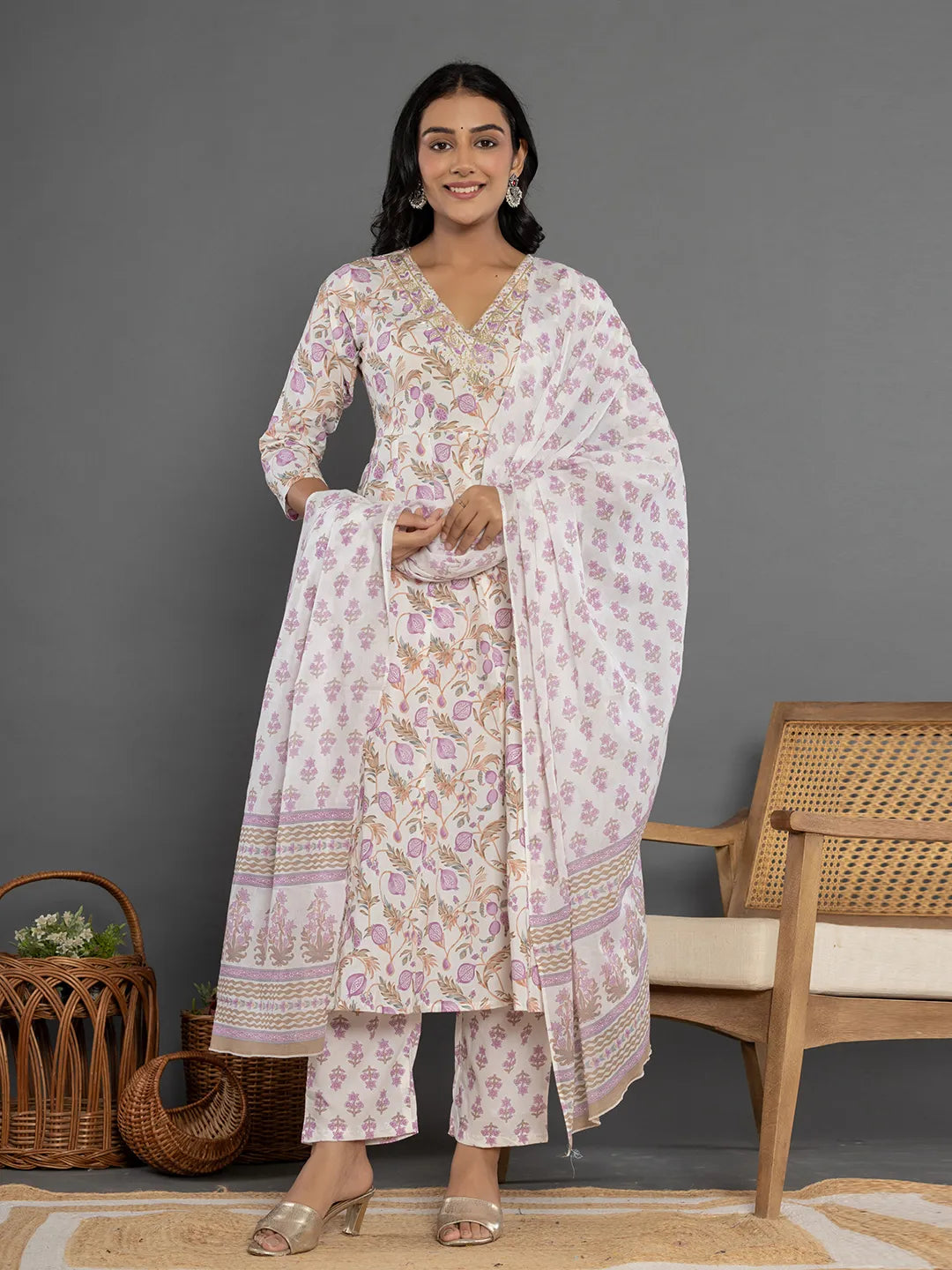 Yufta Purple Beads & Stones Cotton Anarkali Kurta Dupatta Pant Set - Swadesiicart