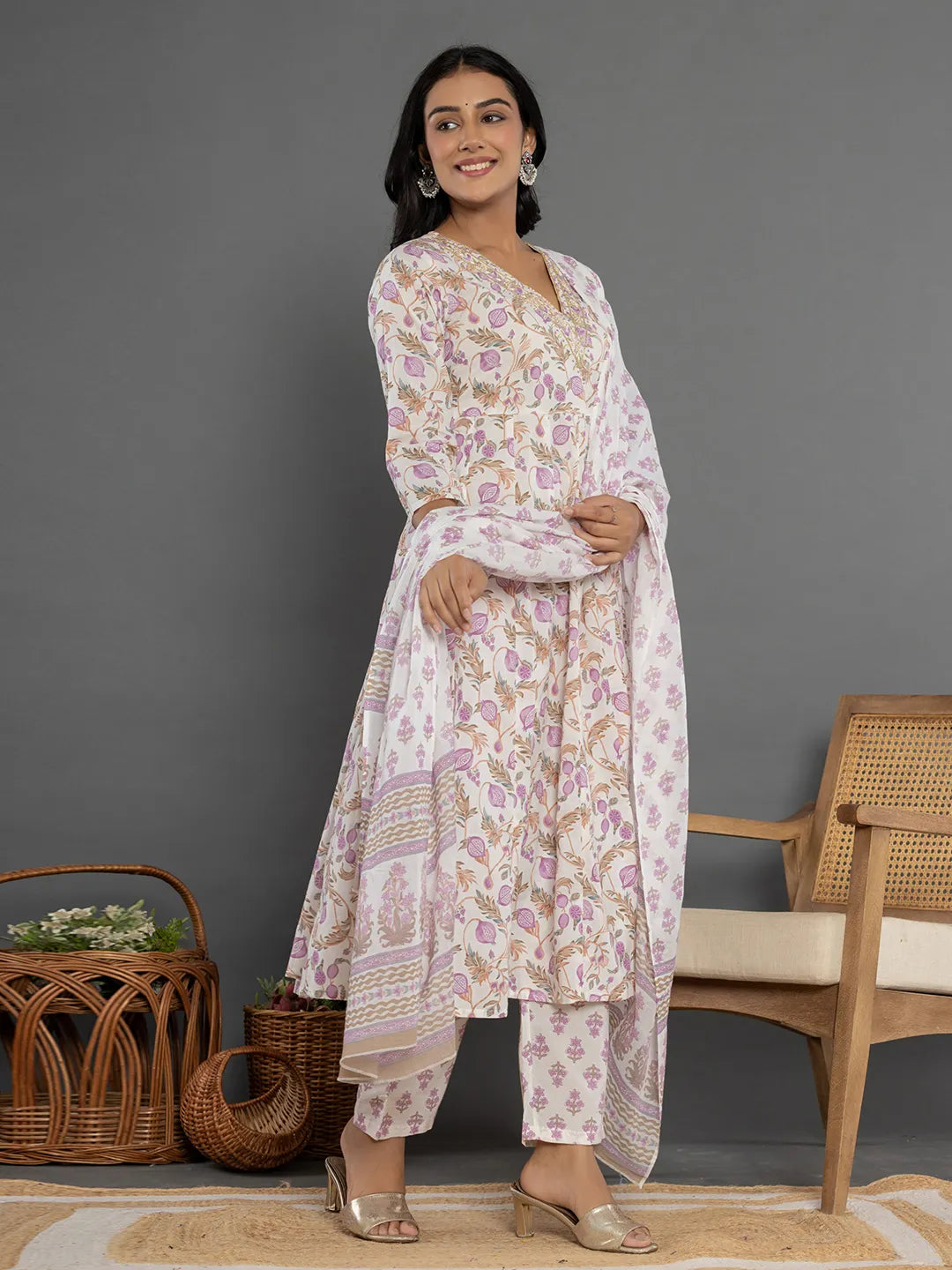 Yufta Purple Beads & Stones Cotton Anarkali Kurta Dupatta Pant Set - Swadesiicart