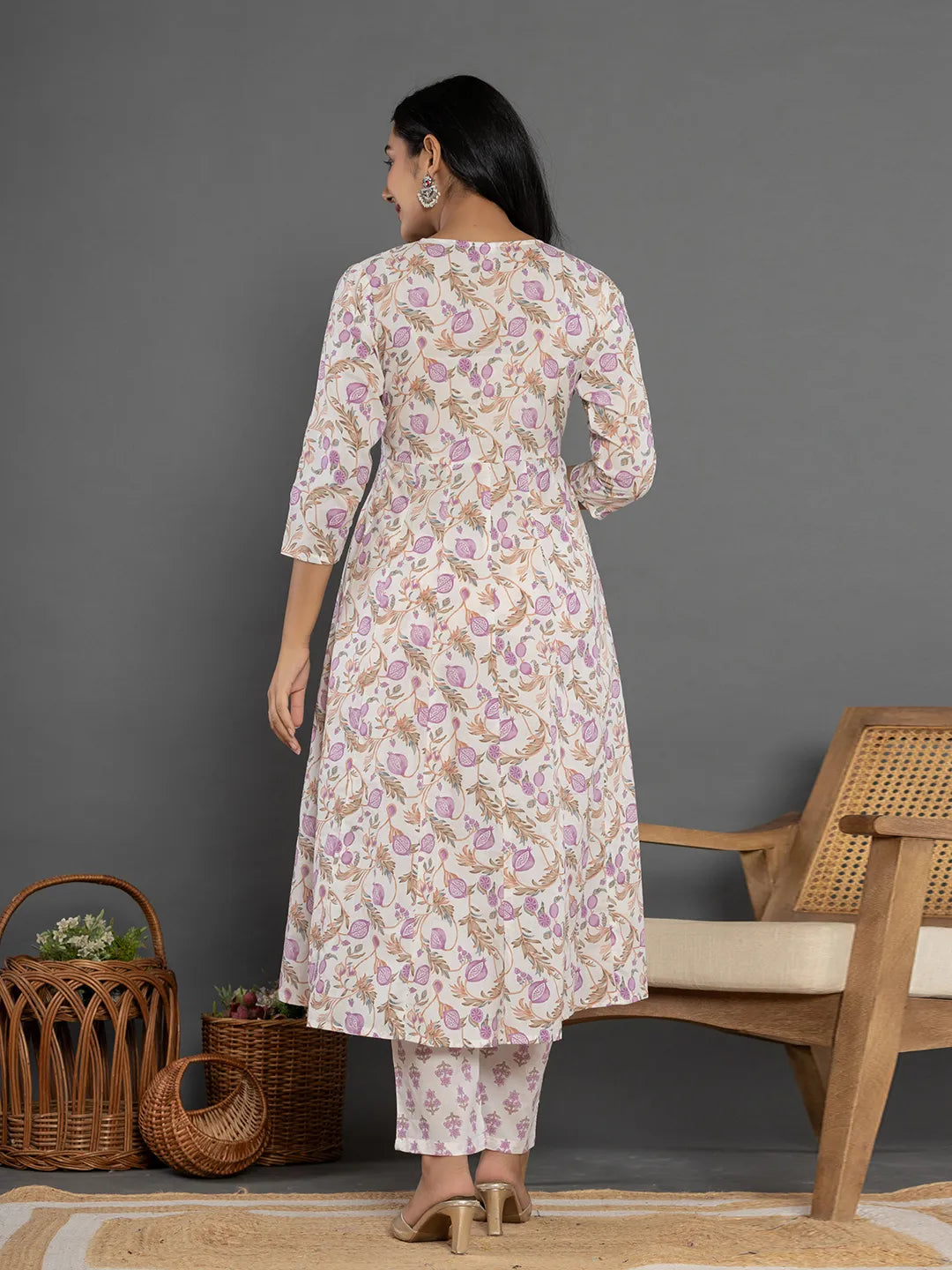 Yufta Purple Beads & Stones Cotton Anarkali Kurta Dupatta Pant Set - Swadesiicart