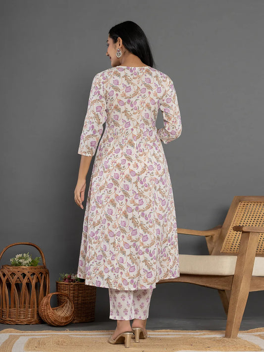 Yufta Purple Beads & Stones Cotton Anarkali Kurta Dupatta Pant Set - Swadesiicart