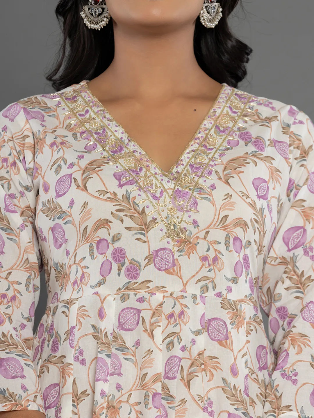 Yufta Purple Beads & Stones Cotton Anarkali Kurta Dupatta Pant Set - Swadesiicart