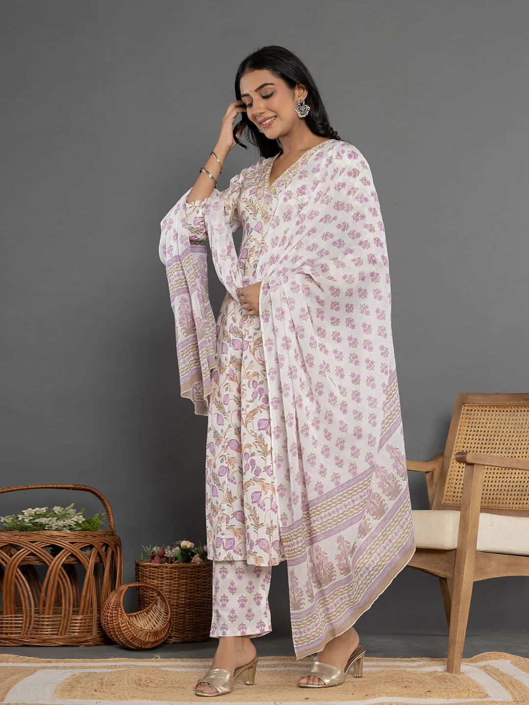 Yufta Purple Beads & Stones Cotton Anarkali Kurta Dupatta Pant Set - Swadesiicart