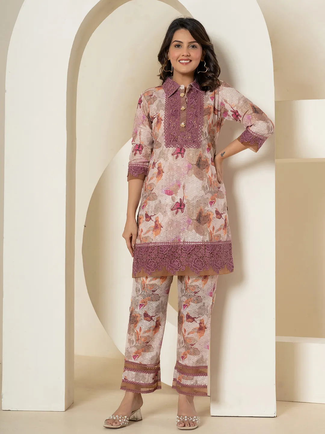 Yufta Purple Cotton Schiffli Co-Ord Set With Lace Detailing - Swadesiicart