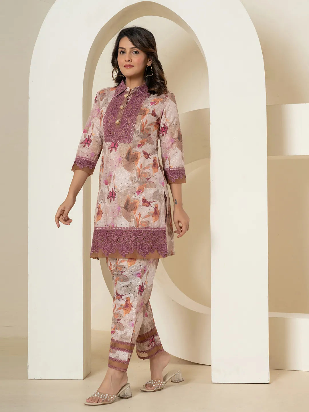 Yufta Purple Cotton Schiffli Co-Ord Set With Lace Detailing - Swadesiicart