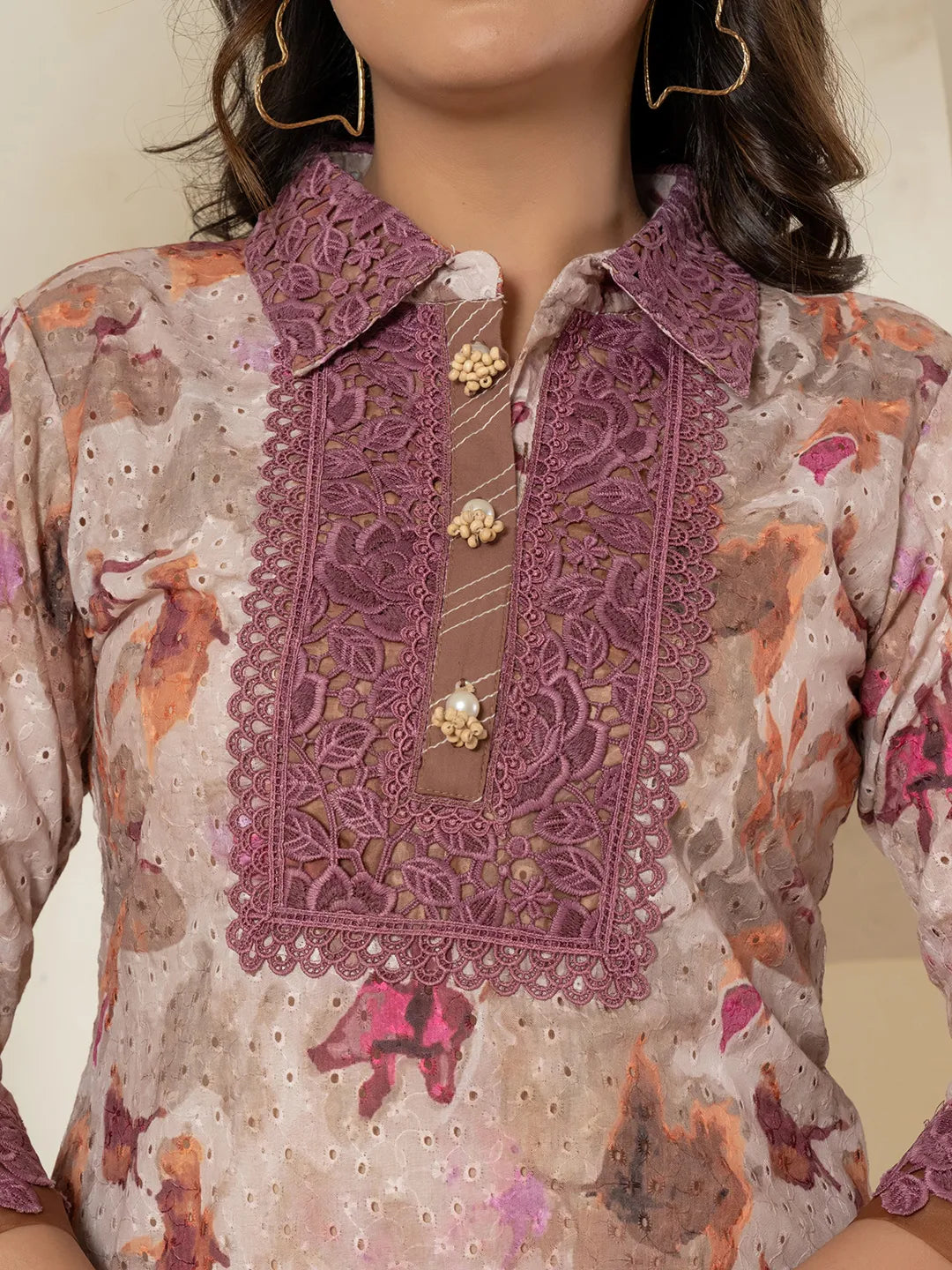 Yufta Purple Cotton Schiffli Co-Ord Set With Lace Detailing - Swadesiicart