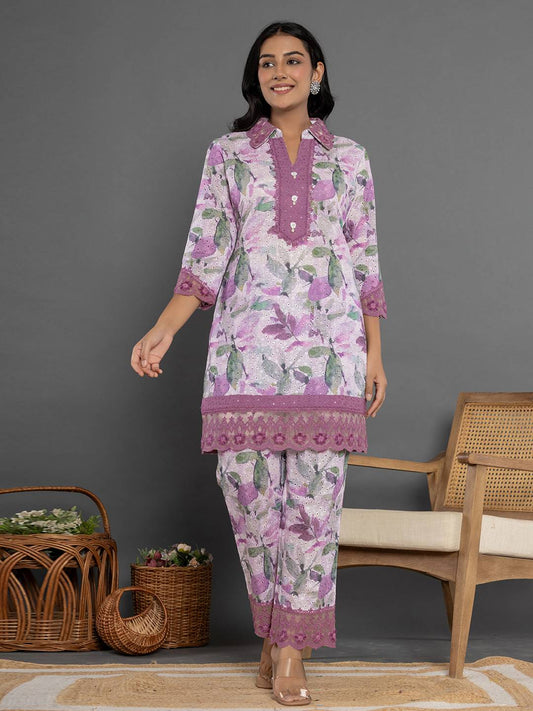 Yufta Purple Cotton Schiffli Co-Ord Set With Lace - Swadesiicart