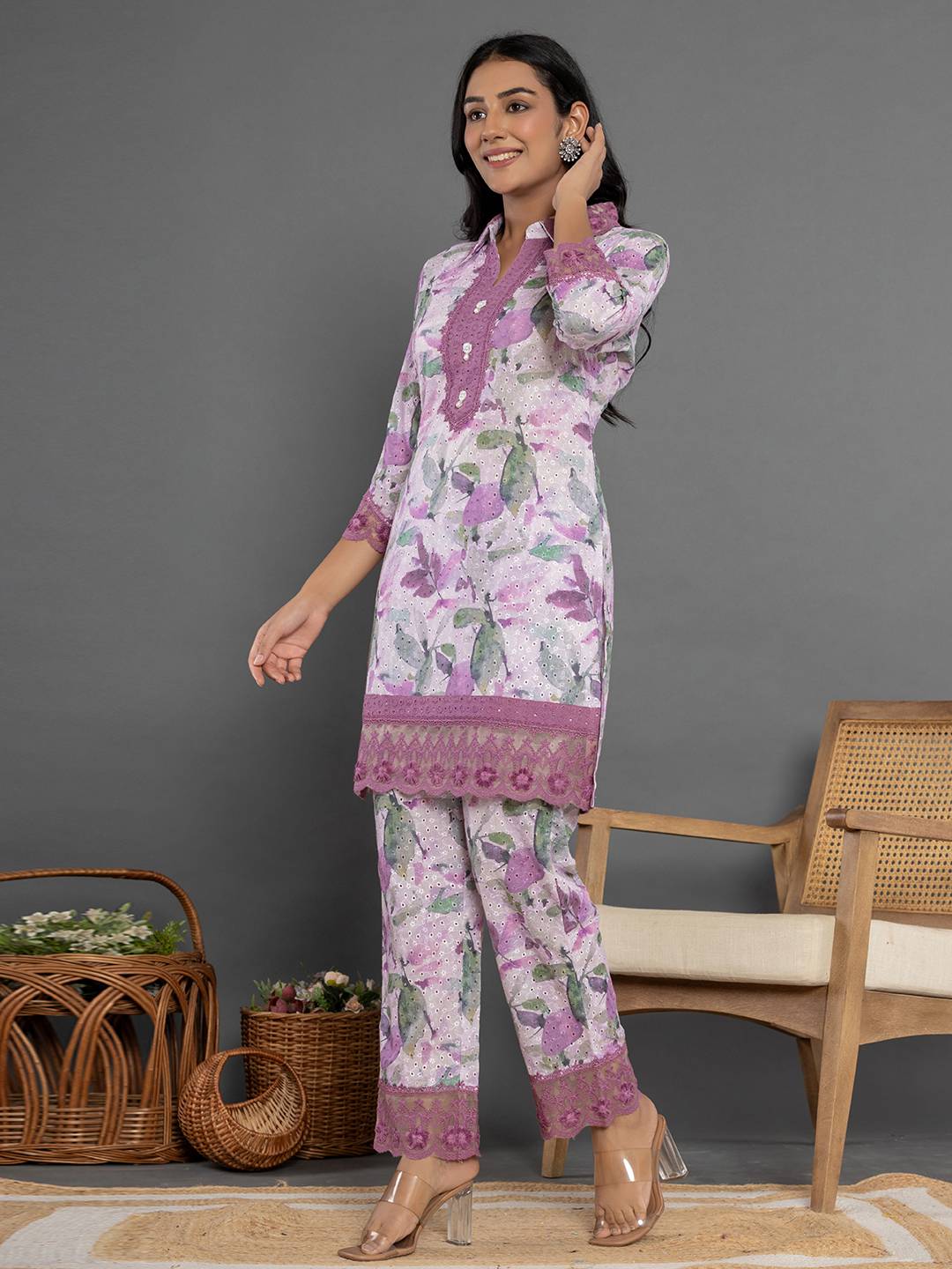 Yufta Purple Cotton Schiffli Co-Ord Set With Lace - Swadesiicart