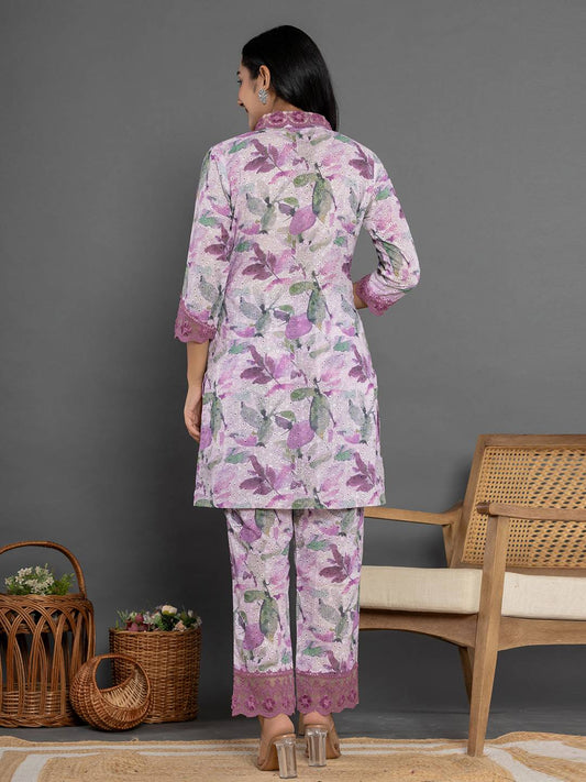 Yufta Purple Cotton Schiffli Co-Ord Set With Lace - Swadesiicart