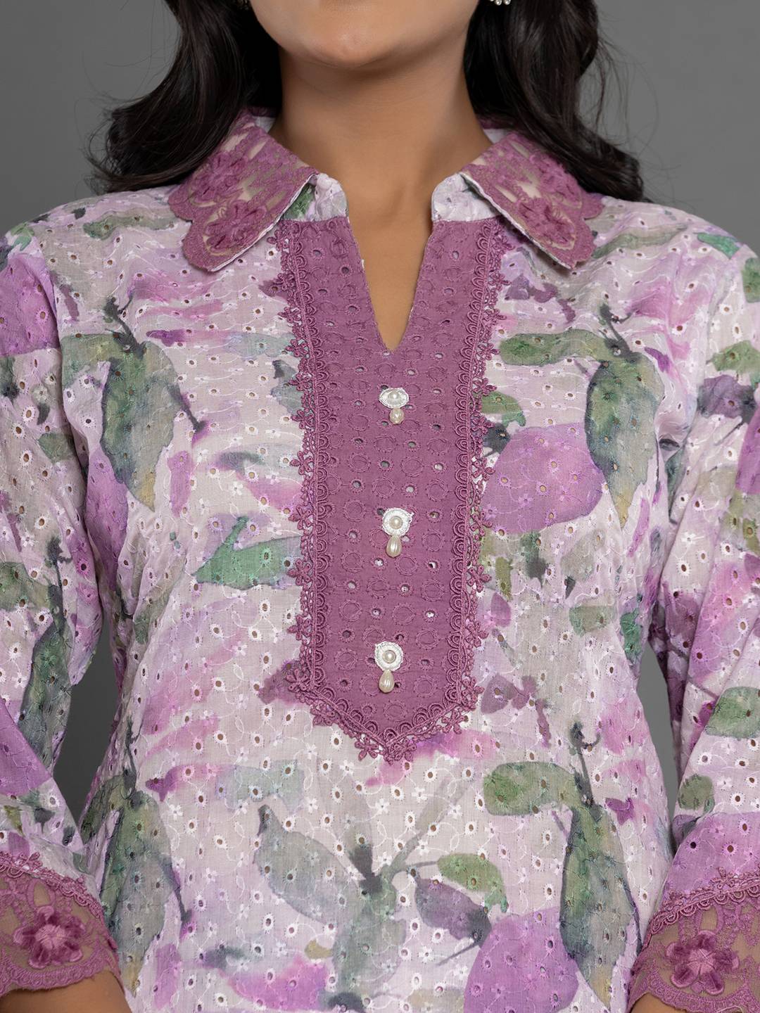 Yufta Purple Cotton Schiffli Co-Ord Set With Lace - Swadesiicart