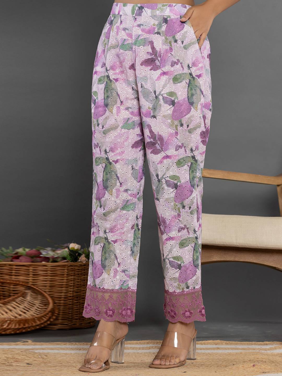 Yufta Purple Cotton Schiffli Co-Ord Set With Lace - Swadesiicart