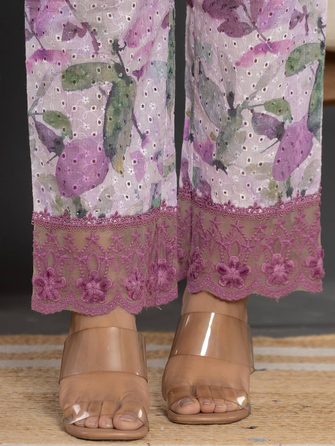 Yufta Purple Cotton Schiffli Co-Ord Set With Lace - Swadesiicart
