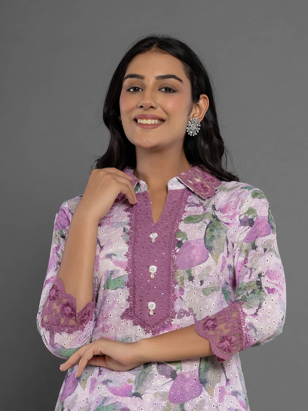 Yufta Purple Cotton Schiffli Co-Ord Set With Lace - Swadesiicart