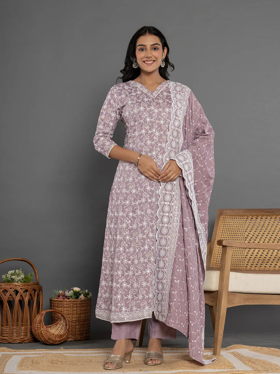 Yufta Purple Cotton Silk Embroidered Anarkali Kurta Dupatta Set - Swadesiicart